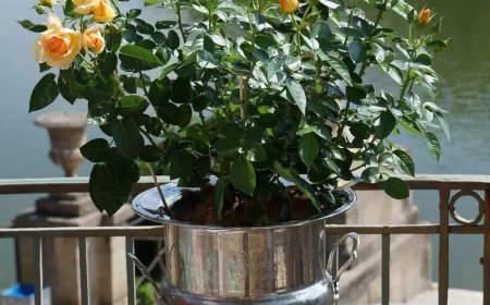 rosier jardiniere balcon petales jaunes pot metalique balustrade fer forge