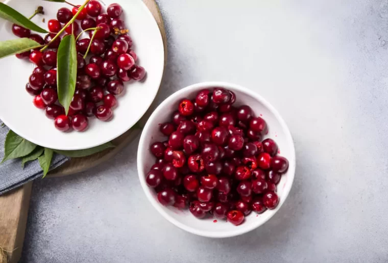 une assiette avec des cerises denoyautees et une assiette avec des cerises entieres avec des feuilles de cerisier sur fond gris blanc