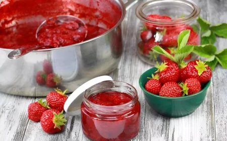 une louche dans une casserole avec de la confiture de fraises avec des pots pleines de la confiture et des fraises fraiches sur un plancher en bois claire