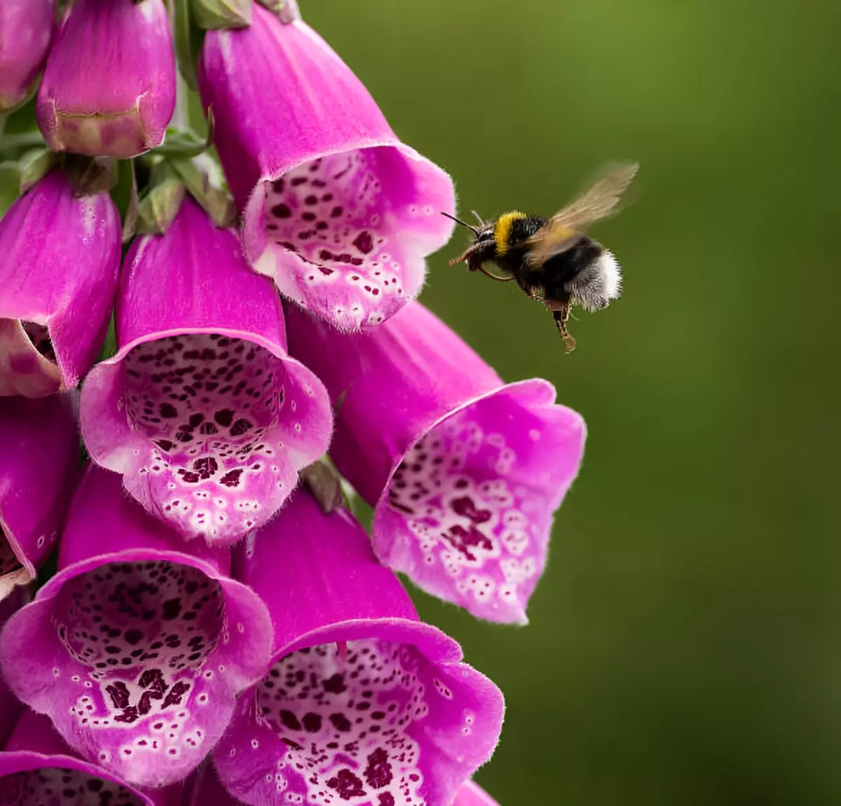 abeille pres des fleurs rose intense sous forme de cloche de digitale