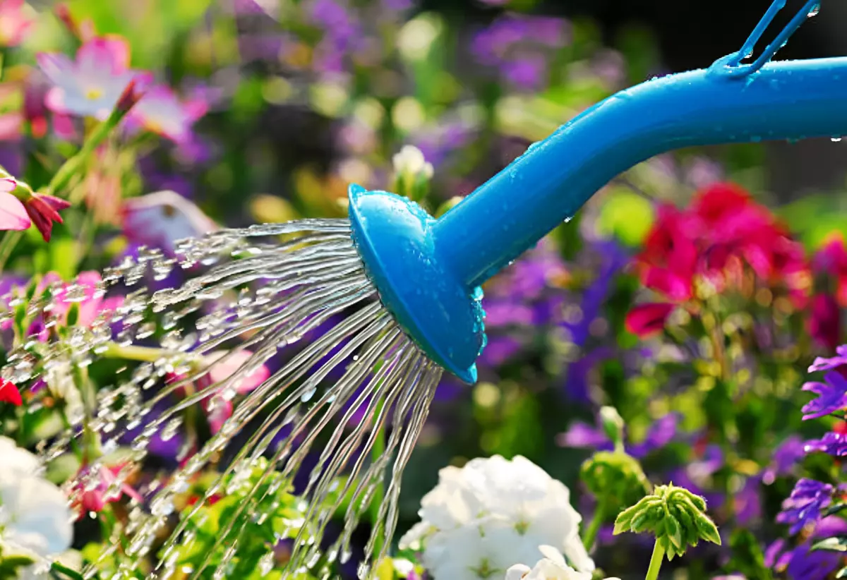 arrosoir bleu arrose un jardin fleuri flou