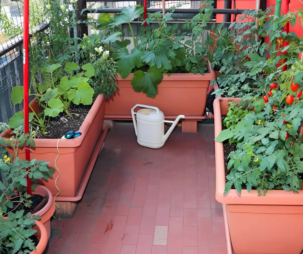 balcon avec un sol carrele avec des pots et des jardinieres qui accueillent des légumes et arrosoir blanc au milieu