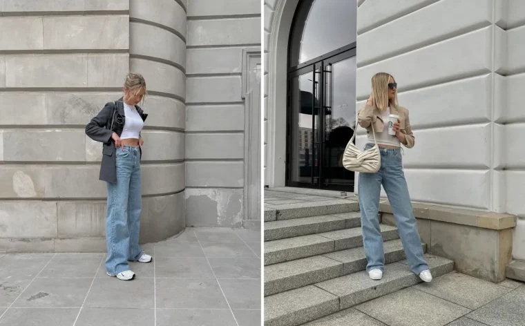 blazer gris anthracite top crop blanc pantalon taille haute large denim baskets blanches