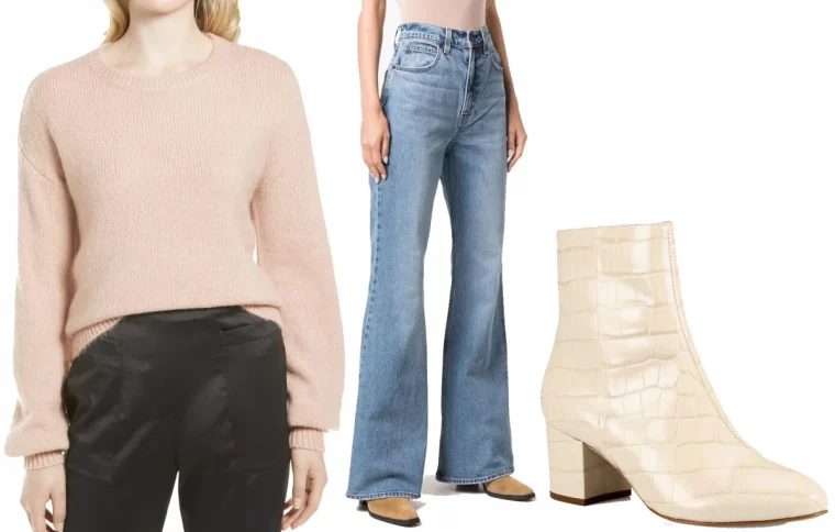 bottes beige clair a porter avec un pantalon a jambe large