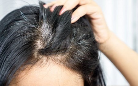 closeup asian woman having problem with grey, white hair growing up