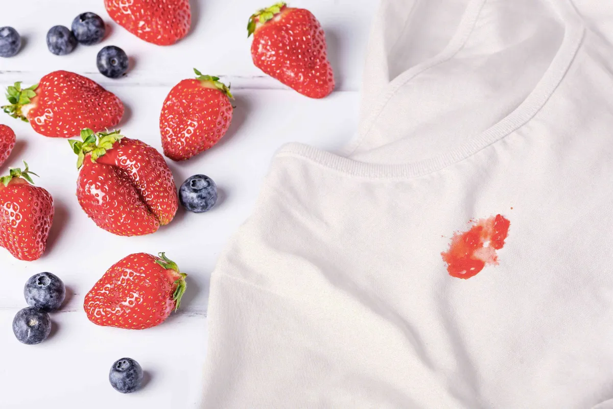 fruits bleuets myrtilles fraises taches rouges sur tissu blanc t shirt vetement