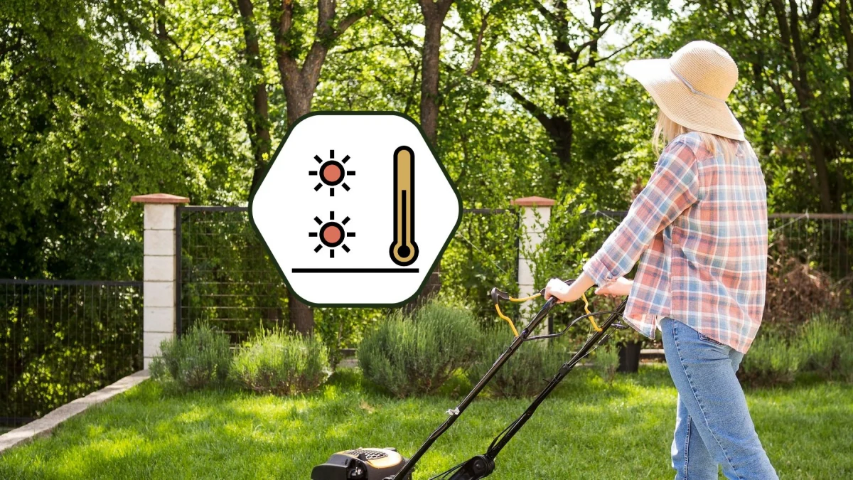 herbe verte machine jardinage travaux soleil femme capeline faut il tondre la pelouse quand il fait chaud