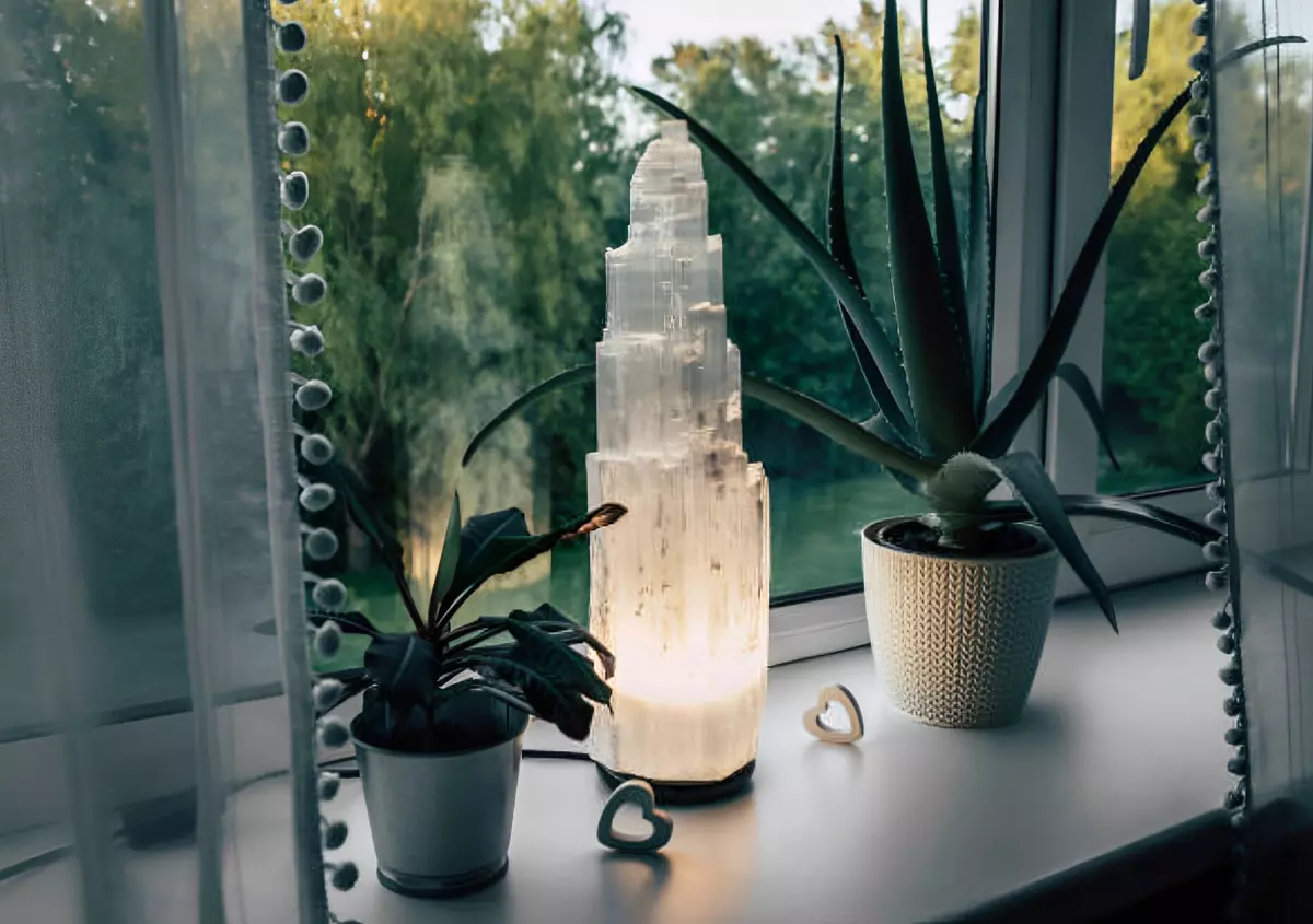 lampe en cristal de selenite posee au bord de la fenêtre entre deux pot de plantes vertes