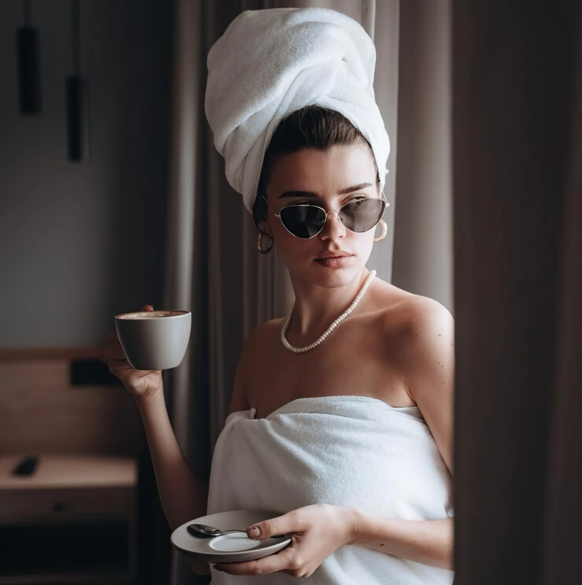 lunettes de soleil serviette de bain tasse cafe femme fenetre rideaux