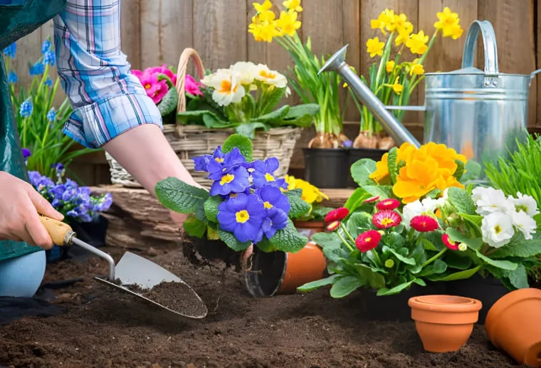 mise en terre dans un jardin de primeveres et d autres fleurs