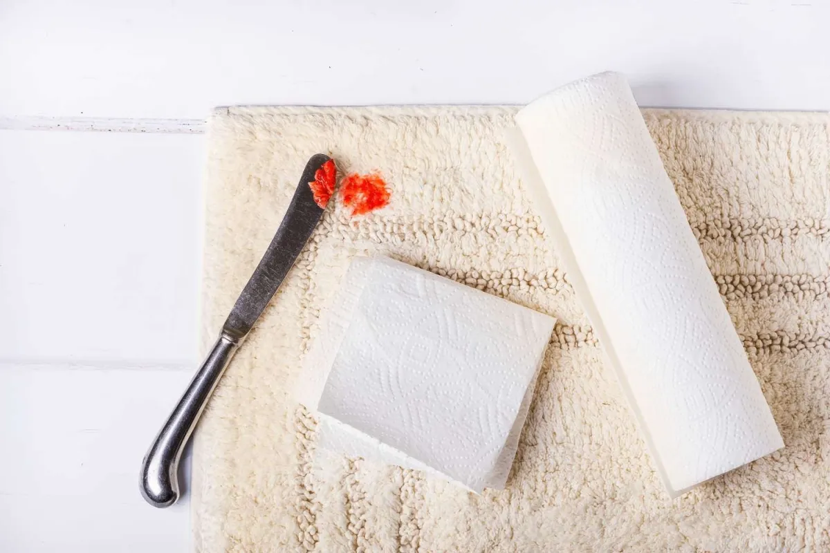 nettoyage tapis couteau serviette papier tissu beige tache rouge surface blanche