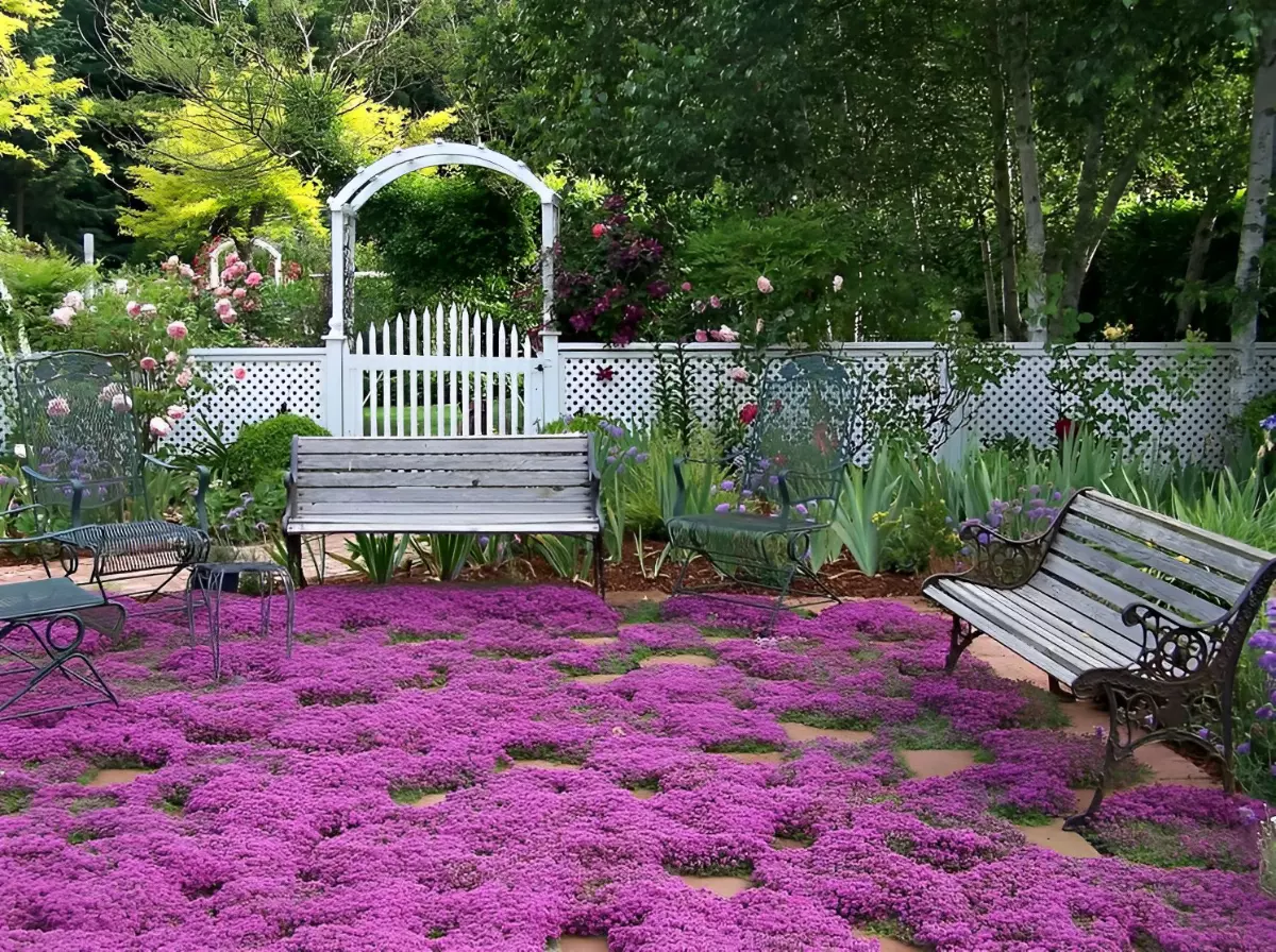 pelouse en thym rampant fleuri couleur violette parcemee avec des blocks de pierres des bancs et des chaises