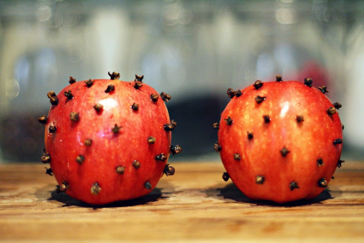 pomme rouge clous de girofle surface bois repulsif contre mouches