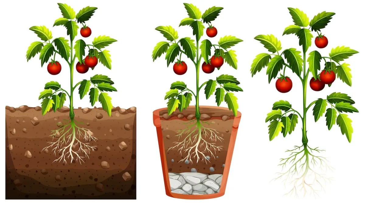 processus racines plantes tomates fruits feuillage absorption eau nutriments cailloux drainage