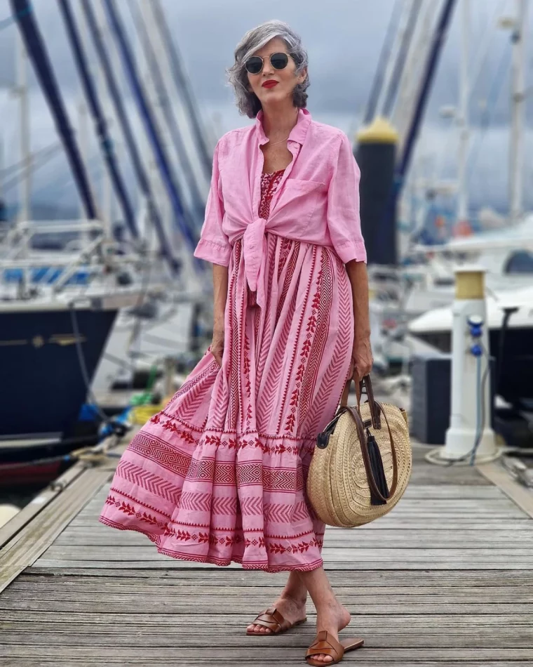 robe longue boheme rose fushia panier en oiser femme 50 ans