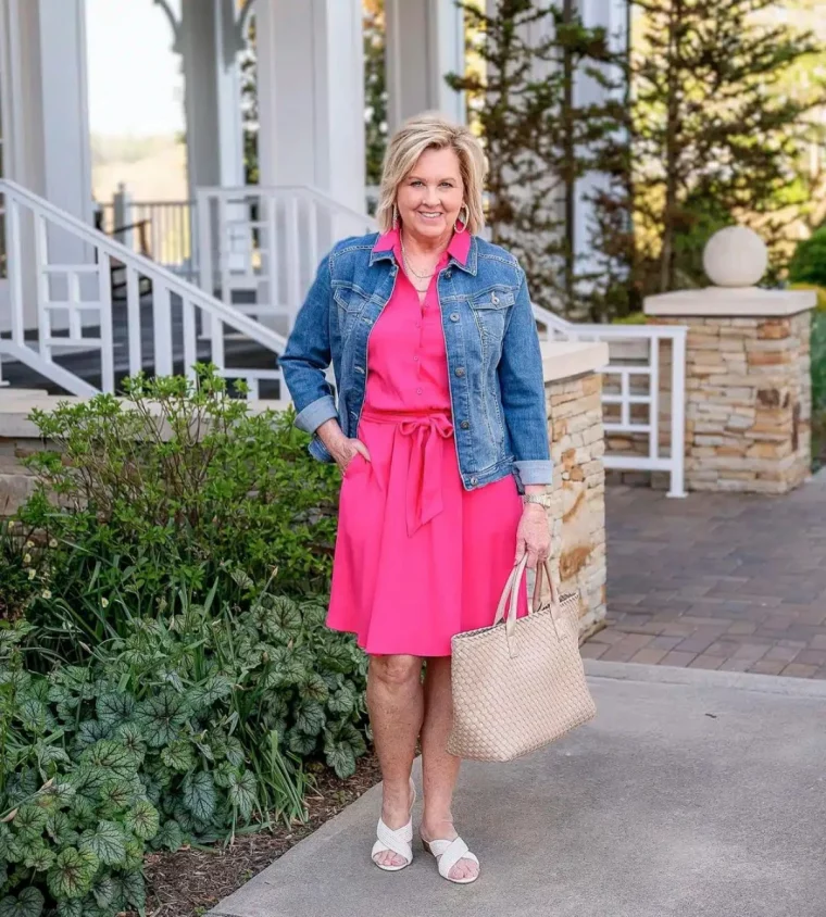 robe rose avec veste en jean tenue femme 60 ans