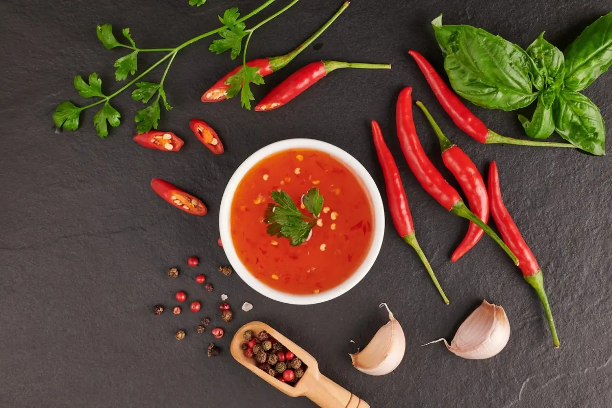 sauce tomate repas piments persil basilic frais herbes aromatiques surface cuisson