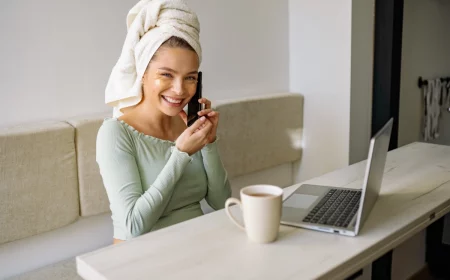 serviette de bain portable ordinateur femme tasse cafe canape bureau mur blanc