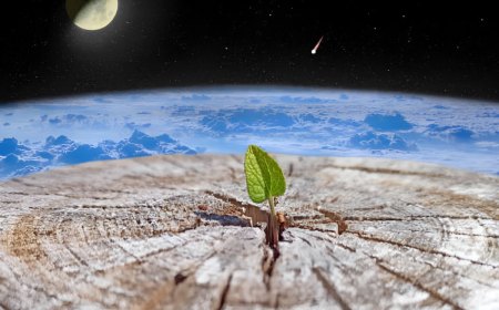souche d arbre au milieu de laquelle pousse une plante devant l horizont de la planete terre et la lune dans un coin du ciel