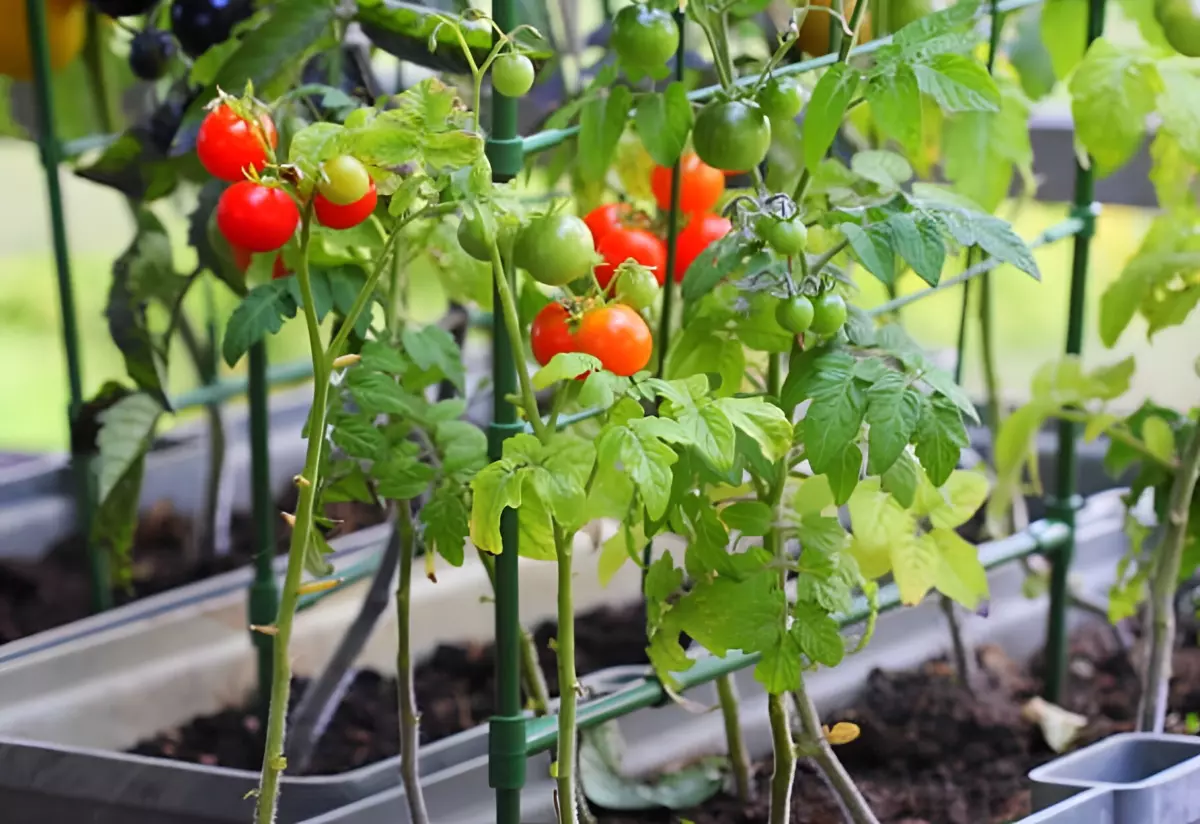 tomates rouges et vertes sur des plants en conteneur supportees par des trehis