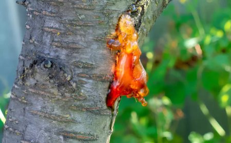 tronc d un arbre atteint d une gommose avec le gros plan de la seve orange