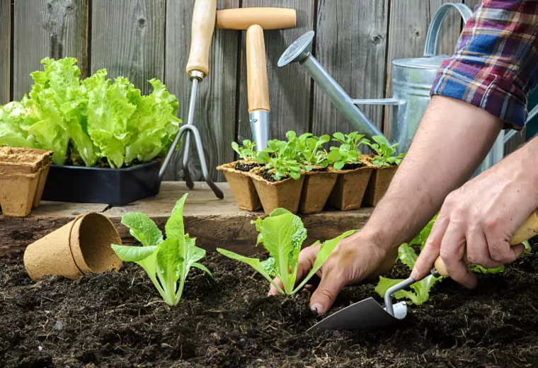 un homme plante de jeunes plants de laitue