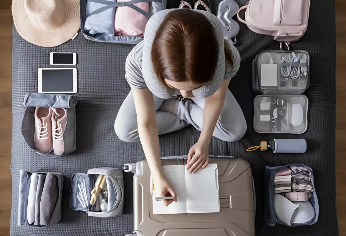 vue de dessus de rangements de bagage et une femme assise au milieu d un lit qui ecrit sur un cahier pose sur une valise fermee