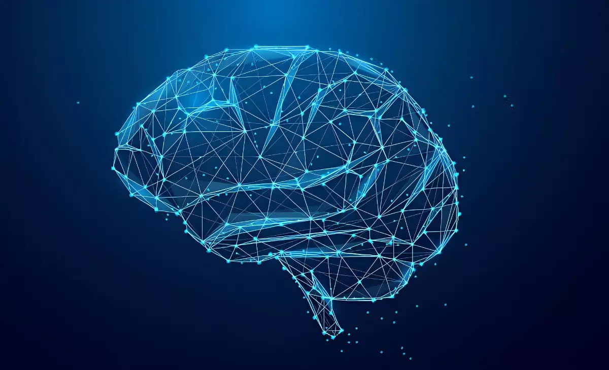 le cerveau avec ses connexions formant une geometrie complexe sur fond bleu fonce