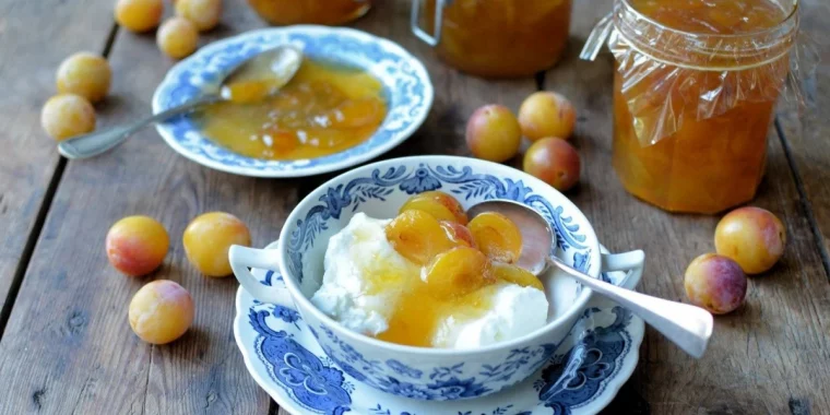 bol assiette blanche motifs bleus compote jars fruits prunes conservation