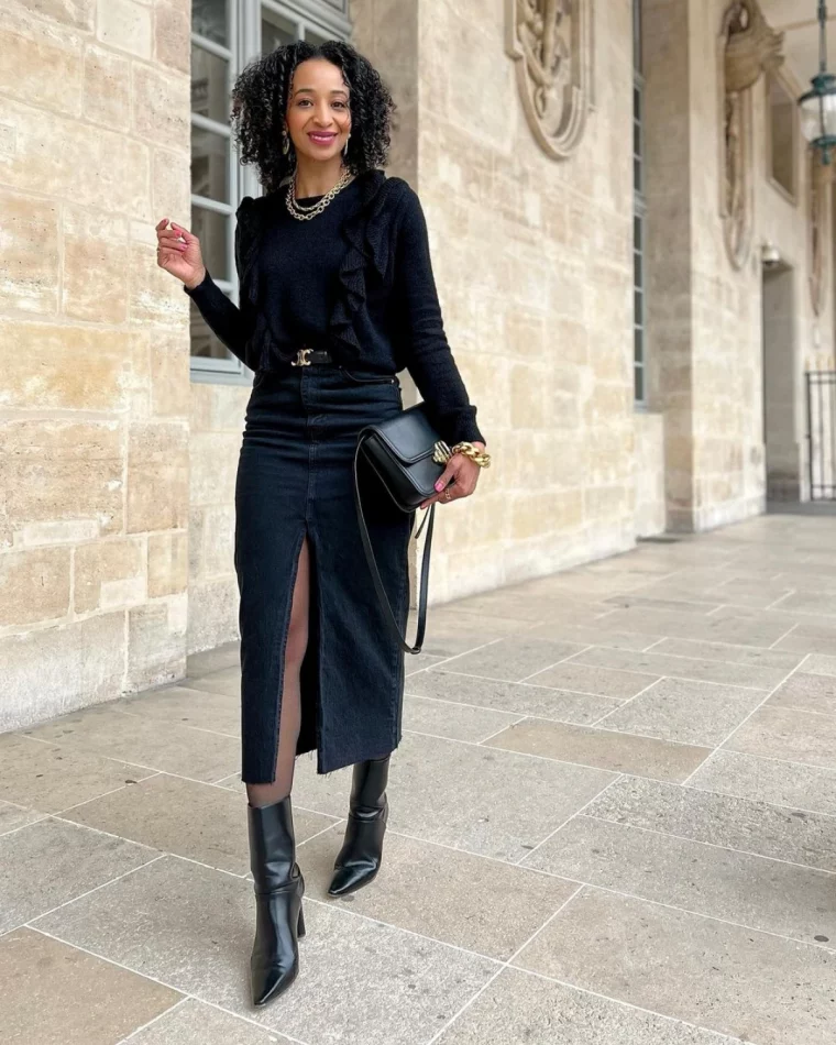 bottines noires avec jupe fendue tendance mode automne 2023