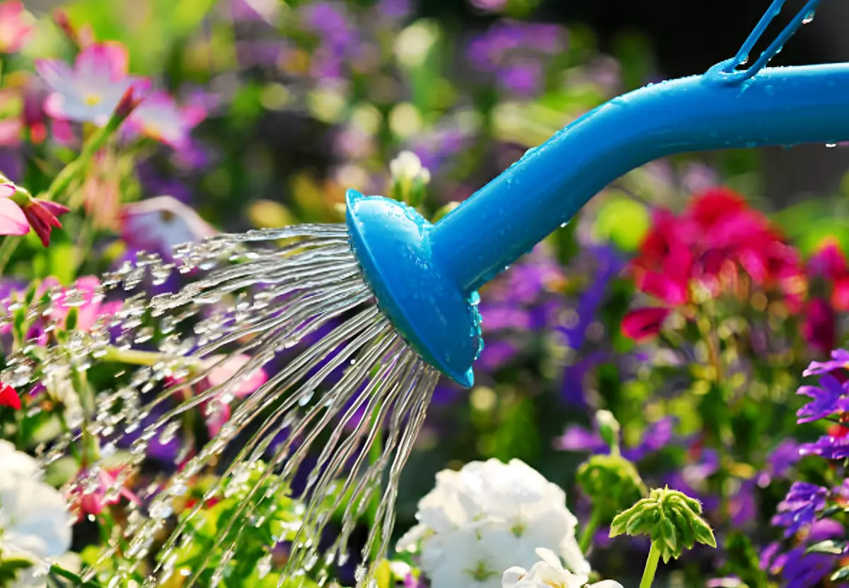 bout d arrosoir bleu en train d arroser un jardin de fleurs de toutes les couleurs