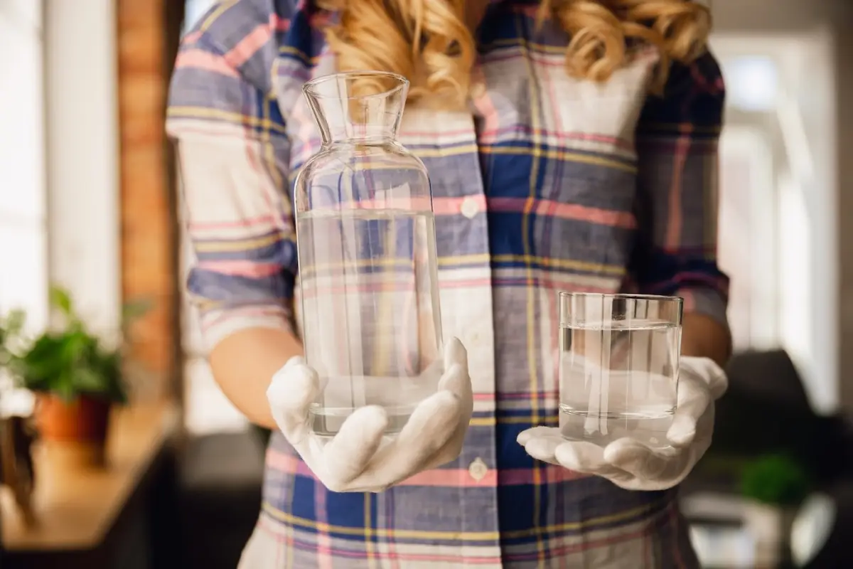 bouteille verre eau chemise carreaux femme gants nettoyage protection