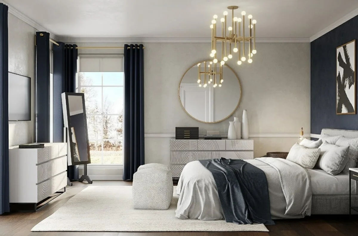chambre en blanc et bleu fonce moderne et luxueuse