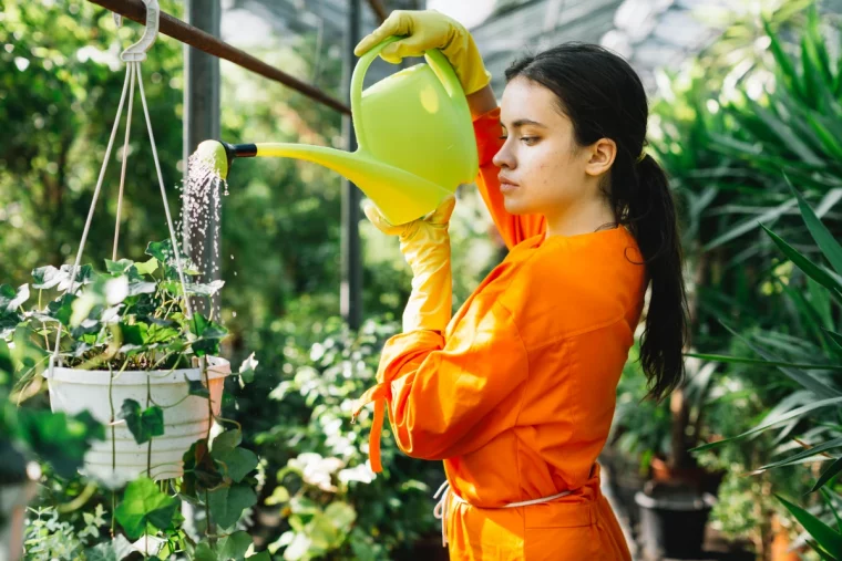 comment bien arroser les plantes en ete femme en orange jardin