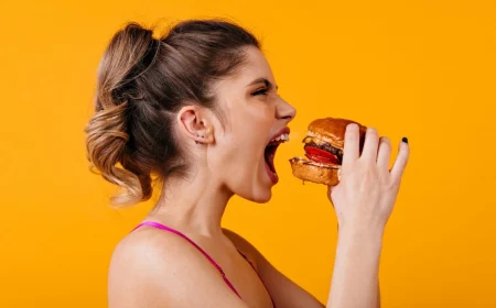 femme balayage blond queue de cheval burger piercing oreille nourriture