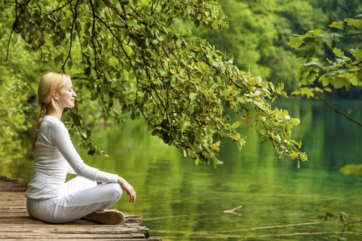 femme blonde assise en meditant sous une branche d arbre au bord de l eau