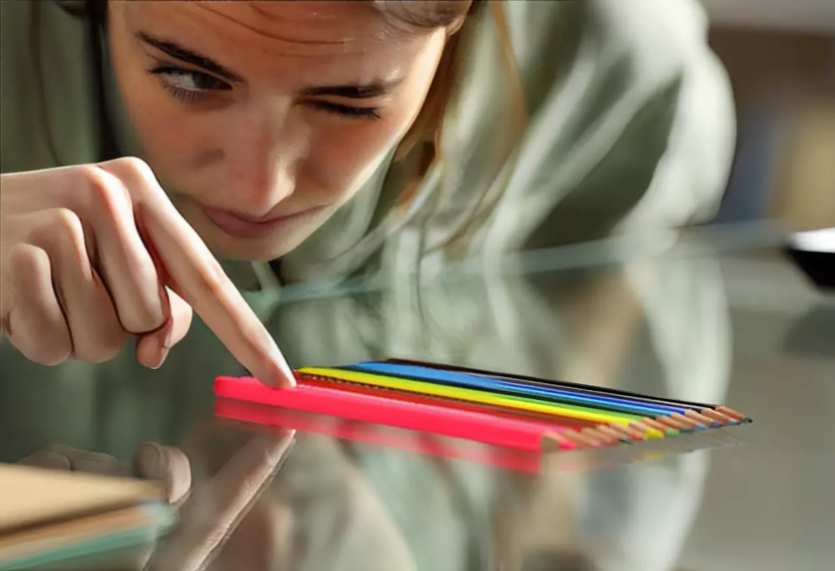 femme regarde de pres et pose un doigt sur des crayons de couleurs rangees sur une surface en verre