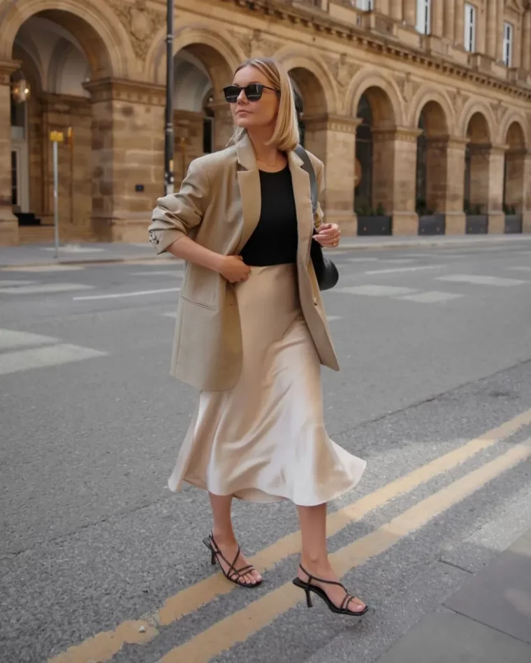 jupe en satin beige dore top noir et blazer oversize