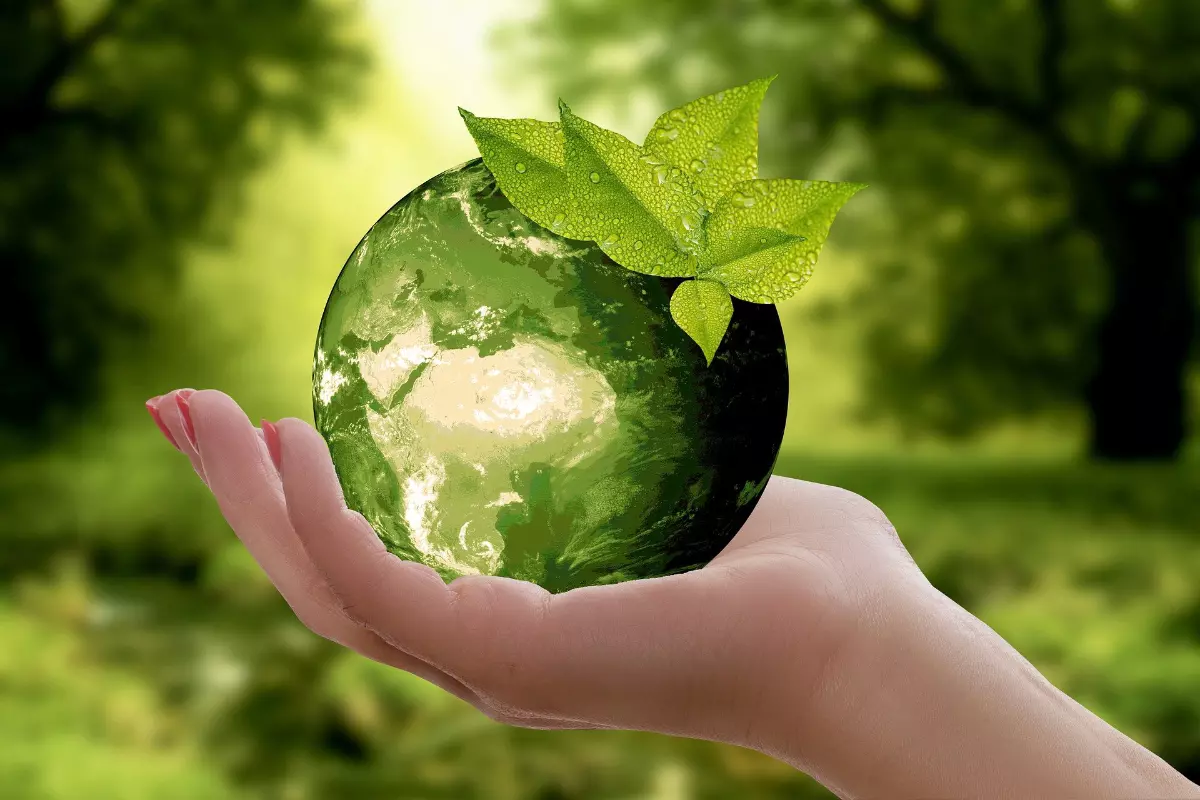 main feminine tient un mini globe de la terre dans les nuances verts sur fond vert
