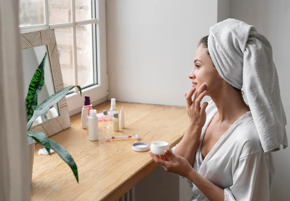 soins visage produits beaute cosmetique serviette bain bureau bois miroir