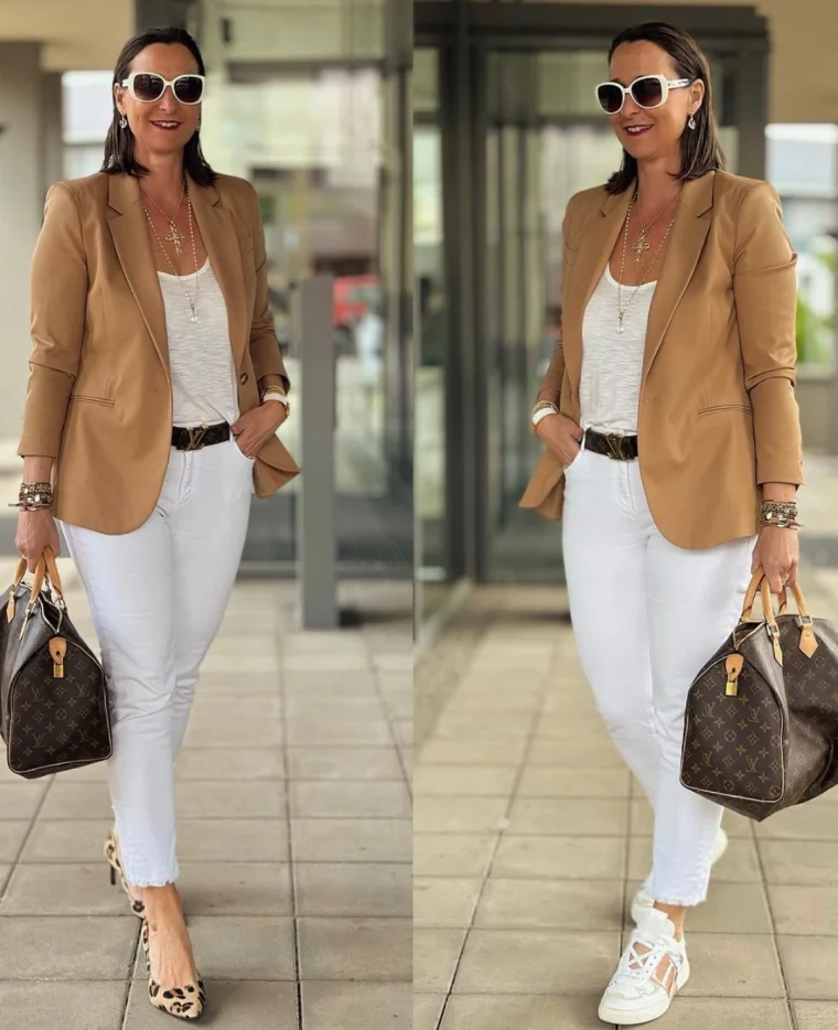 tenue jean blanc blazr marron baskets et ballerine femme 60 ans