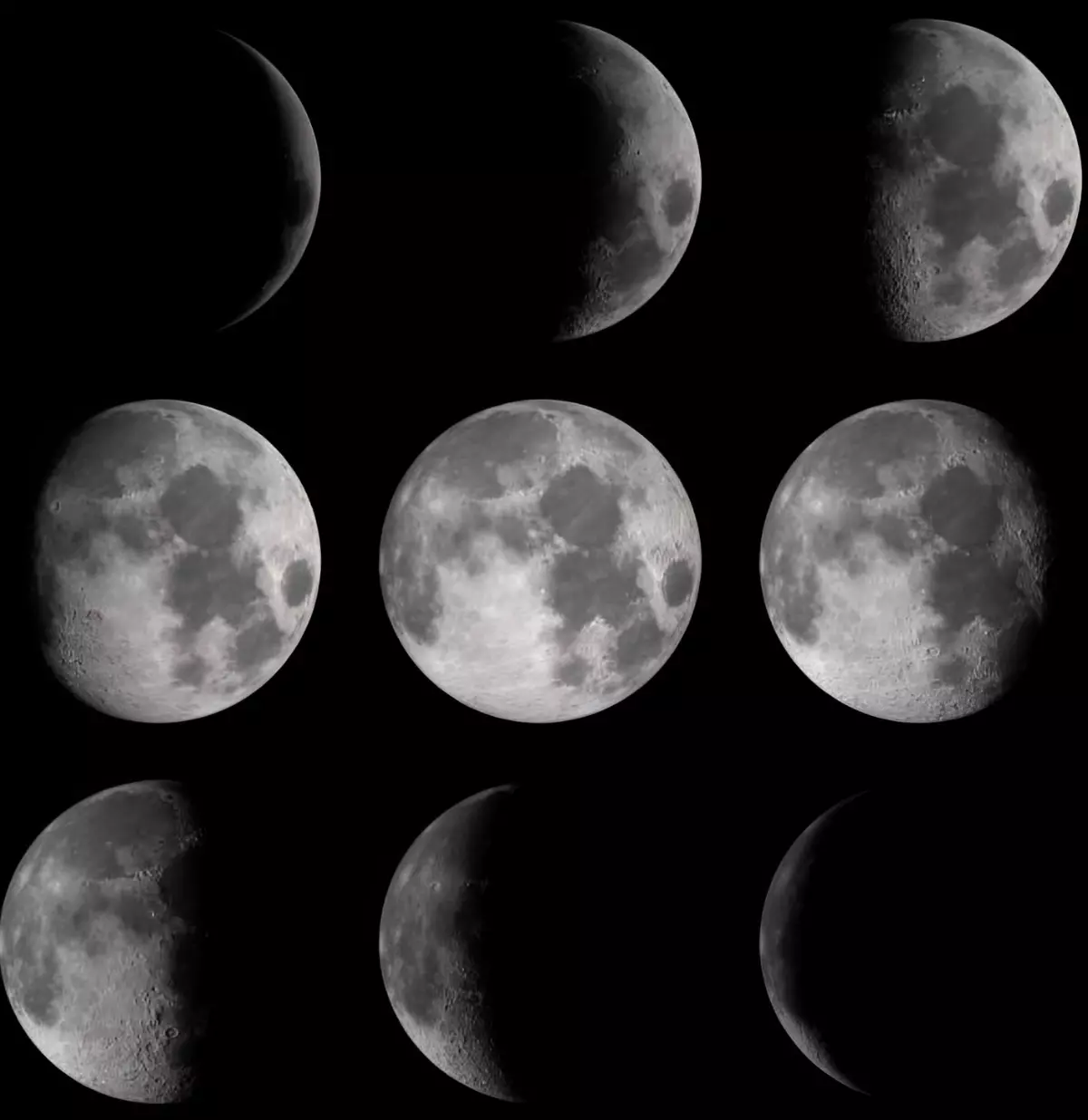 toutes les phases de la lune sur fond noir