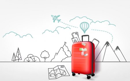 valise rouge sur fond blanc et dessins en crayon de paysages de montagne un avion et des nuages
