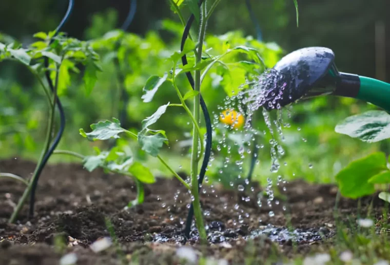 arrosage par un arrosoir de jeunes plants de tomates soutenus par des piquets spirales