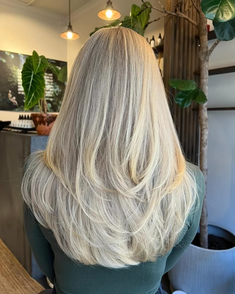 blonde cheveux longs coupe papillon couches racines foncees