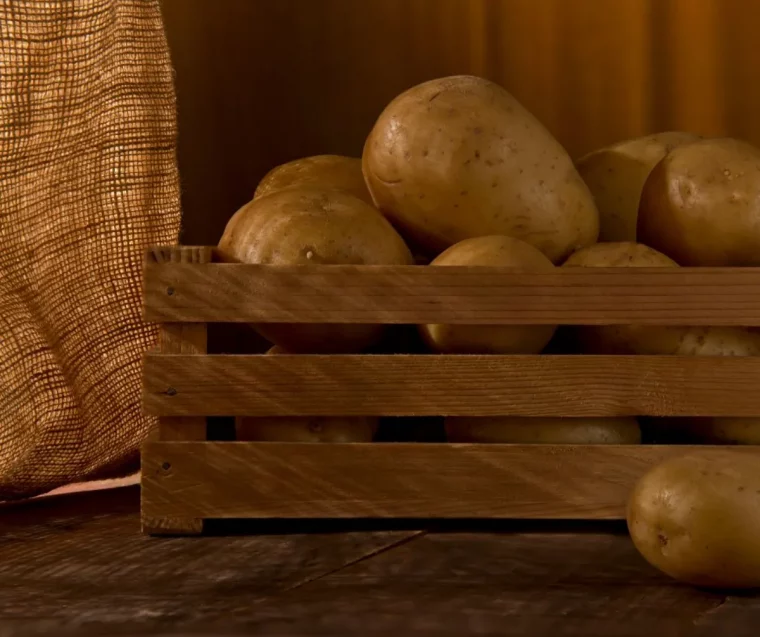 conservatiopn du pomme de terre dans cagette de bois legumes frais en hiver