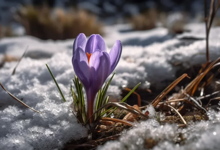 fleurs gel soleil neige feuilles seches petales violet pastel