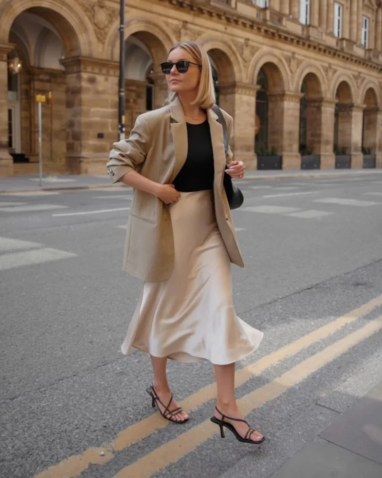 jupe midi en satin beige clair veste oversize beige top noir