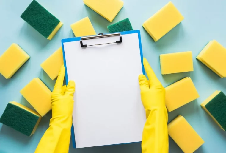 liste planning taches nettoyage eponges surface bleue gants jaunes