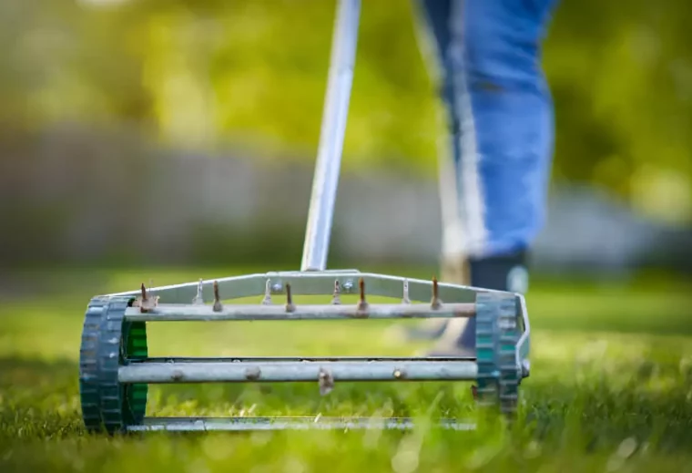 passage avec un rouleau aerateur sur une pelouse verte